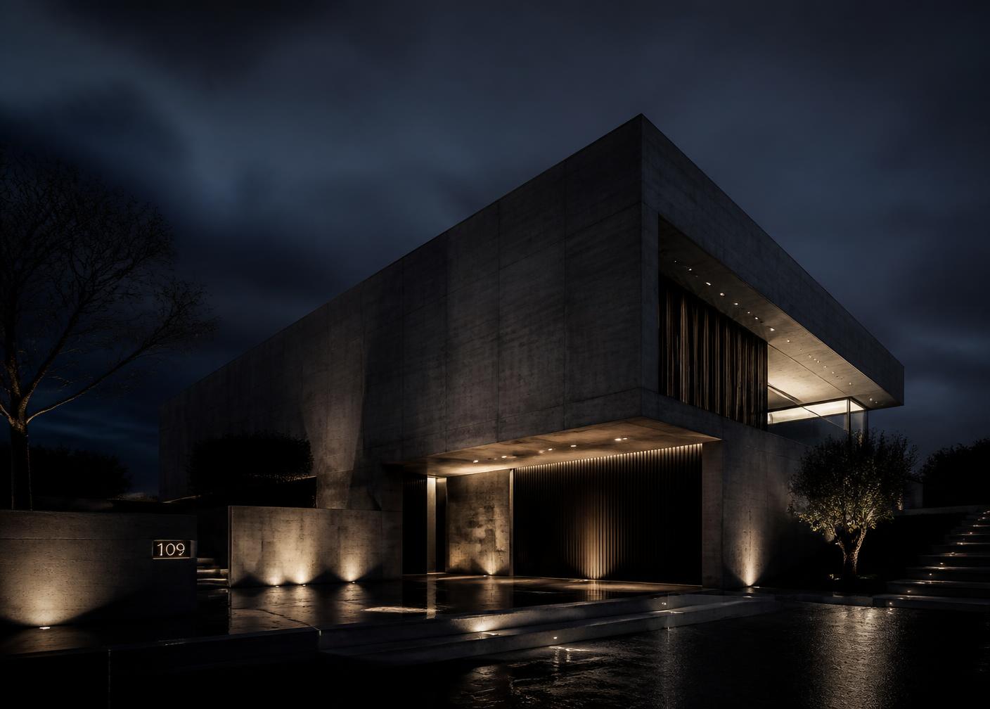 Modern property at night maintained by UNAMAINTENANCE LLC