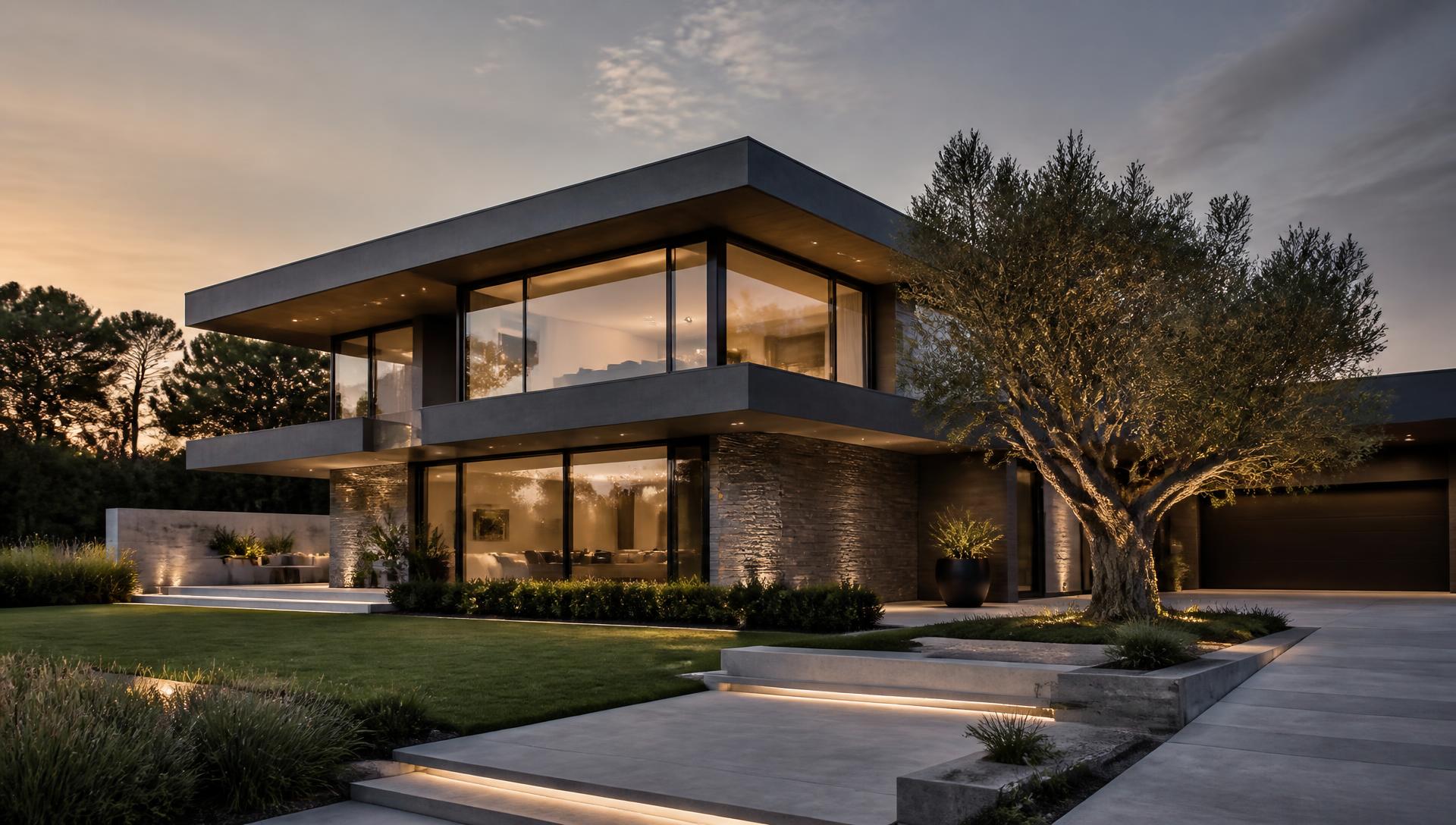 Modern luxury property maintained by UNAMAINTENANCE LLC at dusk